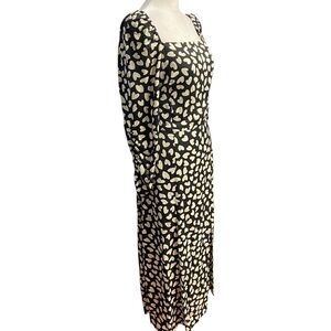 Ann Taylor Long Ruched Sleeve Dress Size 6 Black with Ivory Hearts Square Neck